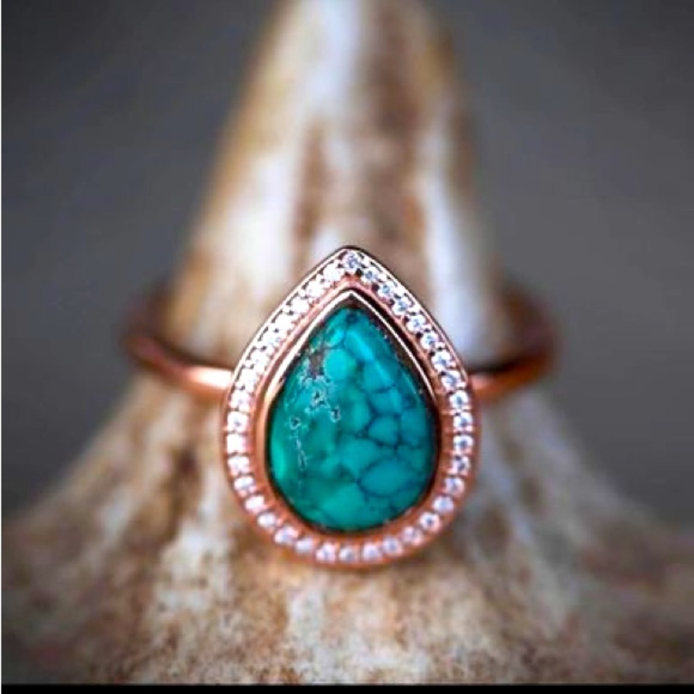 The "Terra" Pear-Shaped Turquoise Ring with Diamond Halo by Staghead Designs